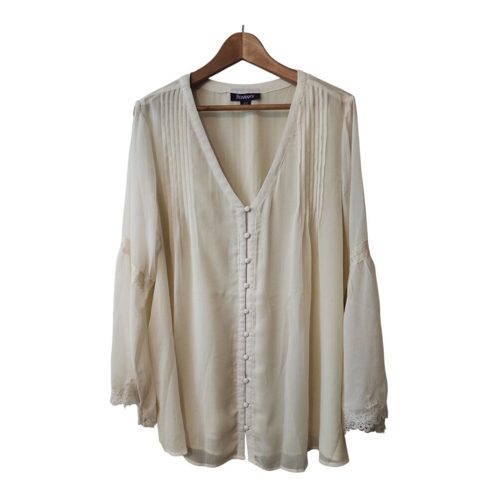 Roamans Tunic Top Woman's Plus Size 24W Peasant Ivory Lace Trim Bell Sleeves